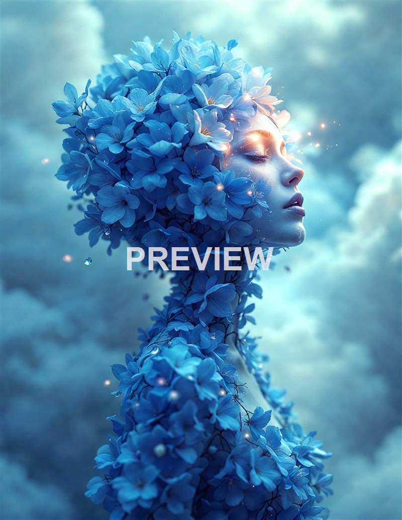 A surreal image of a woman with her head and upper body covered in blue flowers, with closed eyes and a calm expression, set against a cloudy sky background with sparkles of light.